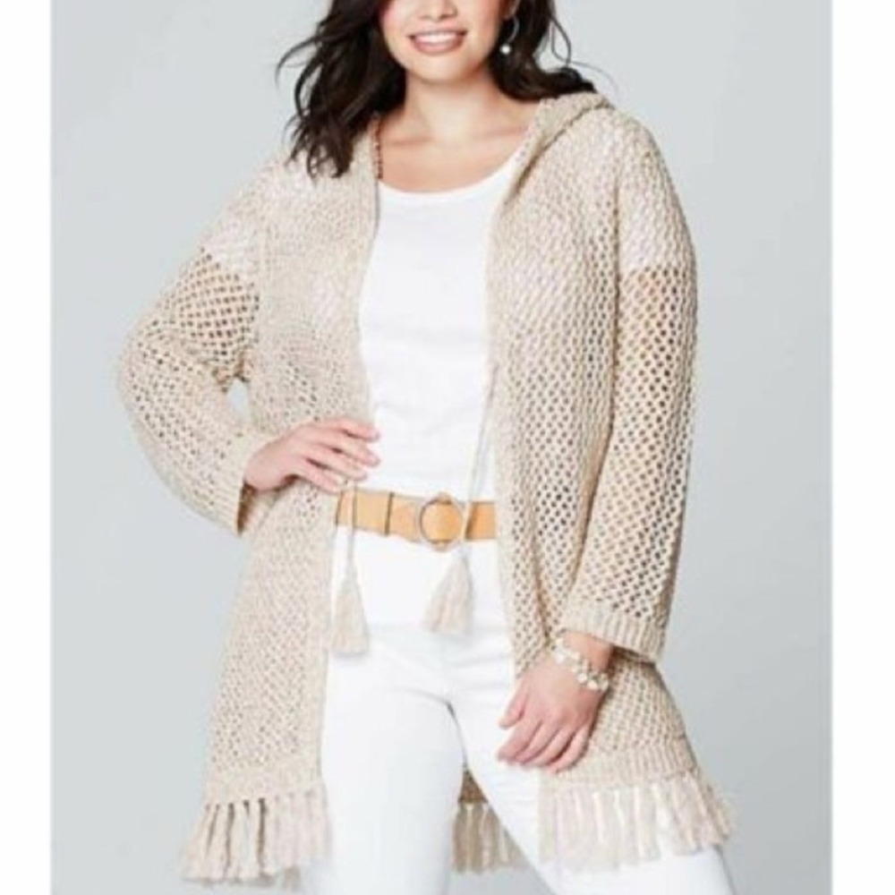 J. Jill‎ Beige Crochet Knit Tassel Tie Cardigan Layering Beach Boho Womens 3X